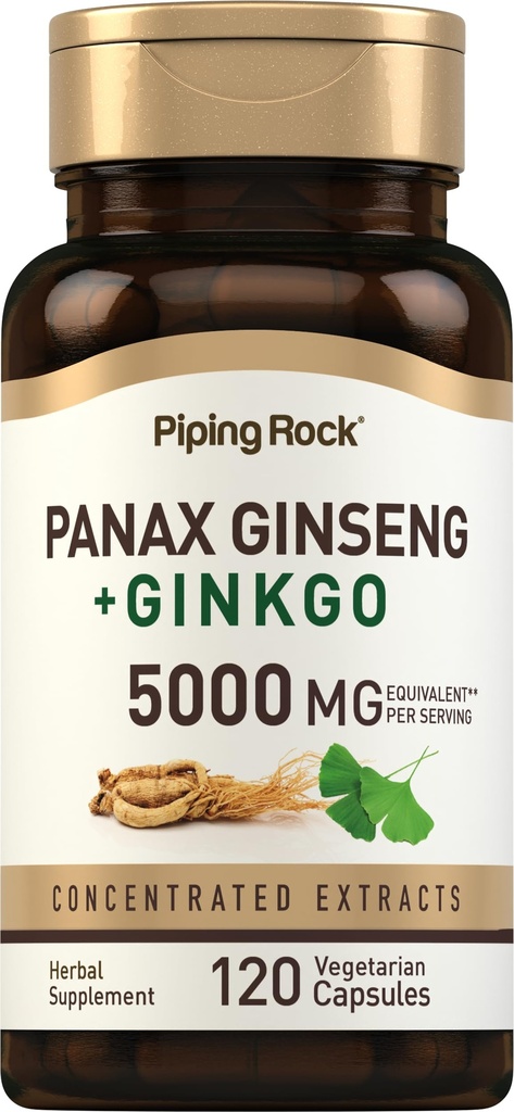 Piping Rock Panax Ginseng & Ginkgo Biloba Supplement | 5000 mg | 120 kapslit | Black Pepper Extract | Taimetoitlane, mitte-GMO ja Gluteenivaba täiendus
