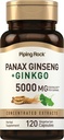 Piping Rock Panax Ginseng & Ginkgo Biloba Supplement | 5000 mg | 120 kapslit | Black Pepper Extract | Taimetoitlane, mitte-GMO ja Gluteenivaba täiendus
