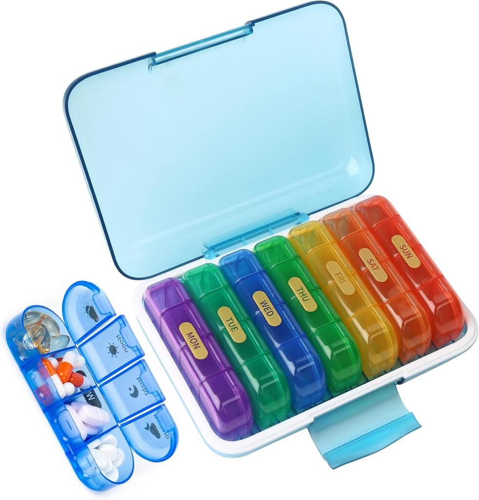 MURRI&MURRDI Pill Organizer 4 korda päevas, Daily Pill Box Suur iganädalane meditsiin Juhtum 7 päeva Pill Dispenser hoidja pillid, vitamiinid, kalaõlid, ravimid, toidulisandid (28 rakku, mitmevärviline)