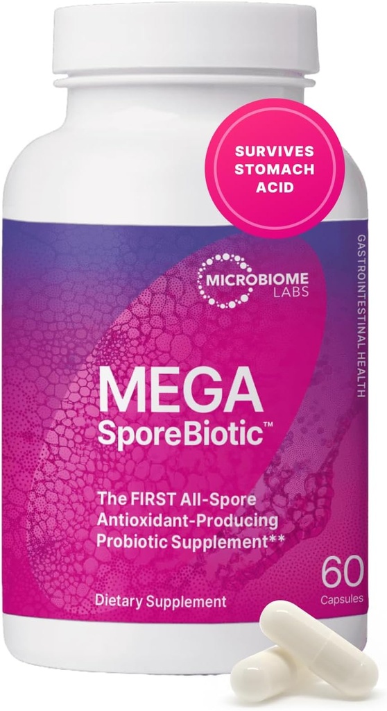 Microbiome Labs MegaSporeBiotic Probiotics for Women & Men - Spore Based Probiotics for Digestive Health - Shelf Stable & Travel-Friendly (60 Capsules)