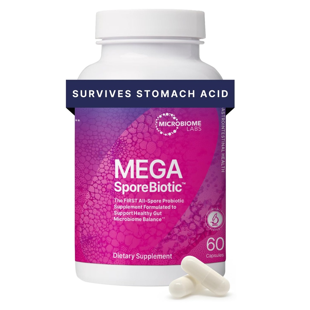 Microbiome Labs MegaSporeBiotic probiootikumid naistele ja meestele - Spore-Based probiootikum soolestiku tervise ja seedetrakti toetuseks - riiulil stabiilne, reisi-sõbralik, meeste ja naiste probiootikumid (60 kapslit)