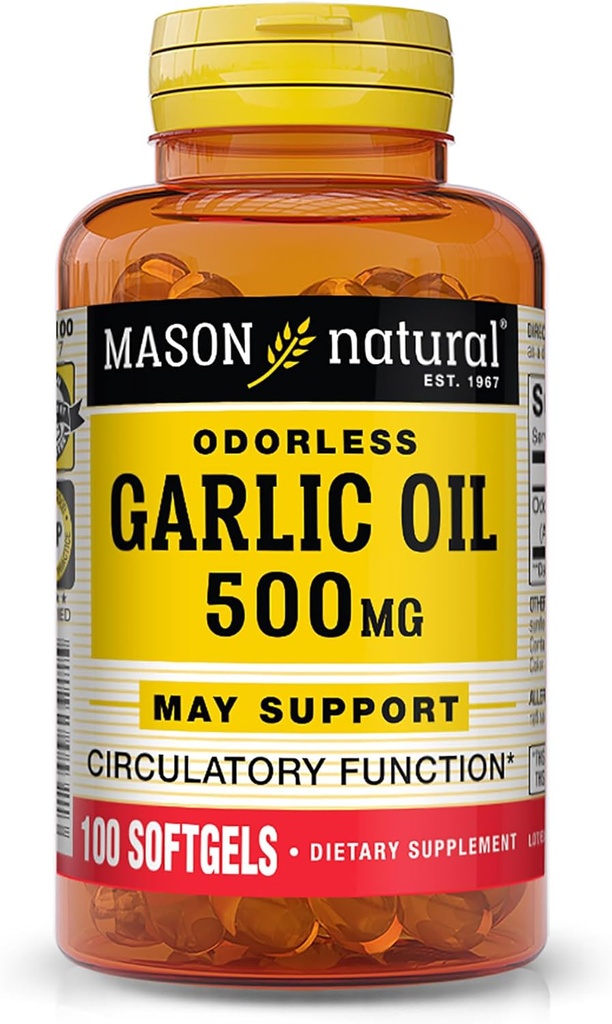 MASON NATURAL küüslauguõli 500 mg lõhnatu Allium Sativum Supplement - toetab tervislikku vereringefunktsiooni, 100 softgels