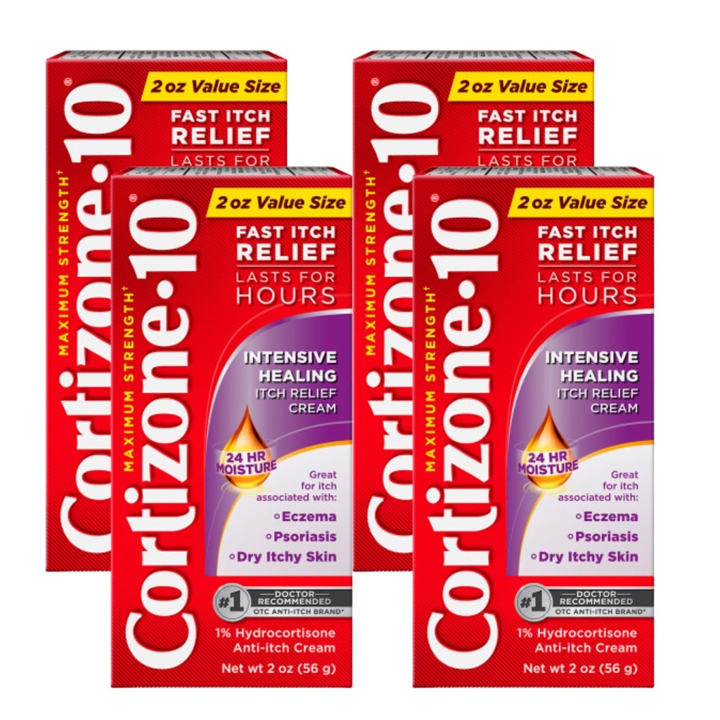 Cortizone-10 Maximum Strength Intensive Healing Itch Relief Cream, 1% Hydrocortisone, Fast-Acting, Anti-Itch Cream for Bug Bites, Rash, Eczema, Psoriasis, Poison Ivy, Oak, Sumac & More, 2 oz, 4 Pack