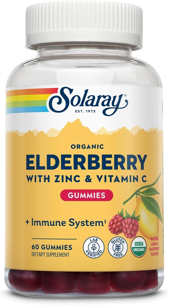 SOLARAY Orgaaniline Elderberry Gummies w/Zinc & Vitamiin C | Tervislik immuunsüsteemi tugi | Gluteenivaba | 30 Serv, 60 Ct