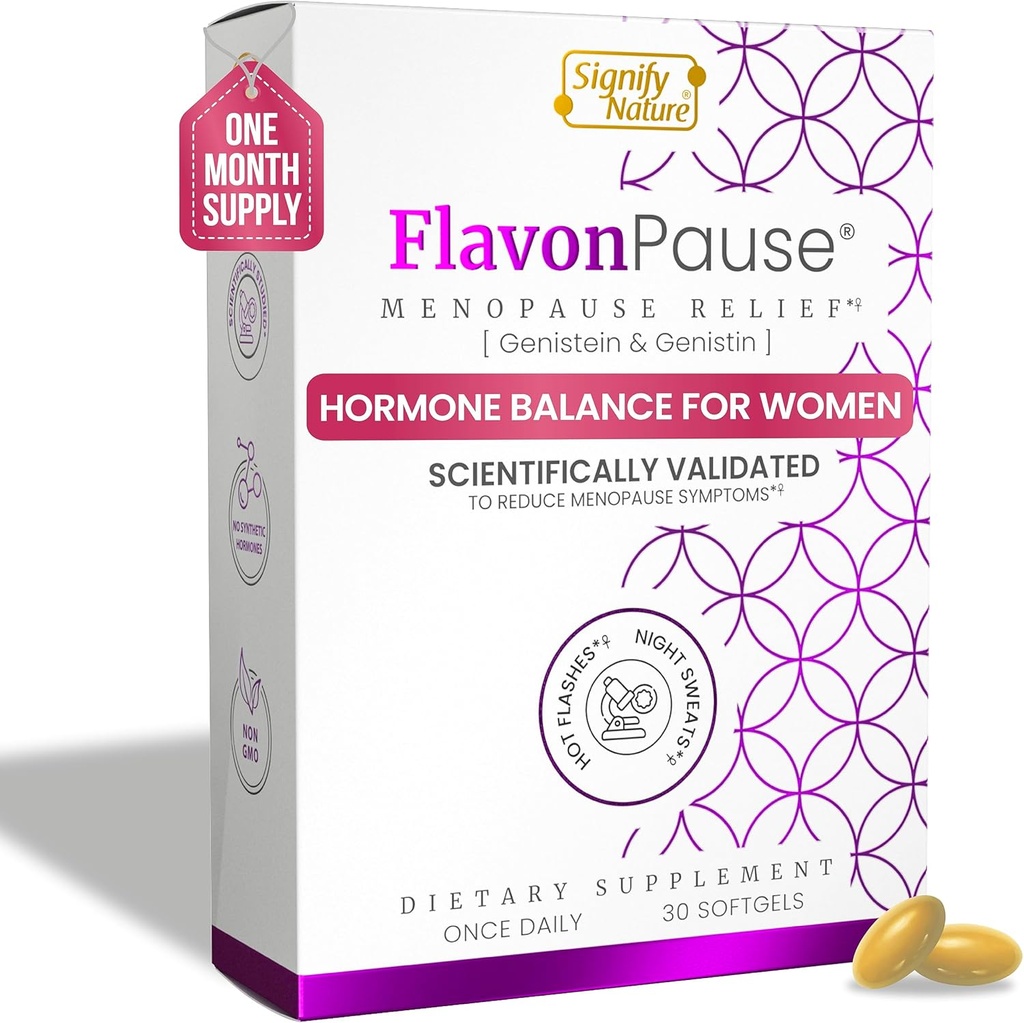 FlavonPause kuumad välgud Menopausi leevendus - KLIINILISELT testitud - | Looduslik kuumavälgatuse leevendus, öine higireljeef, naha vananemine | Multimenopausi sümptomite leevendus | 30 softgelit