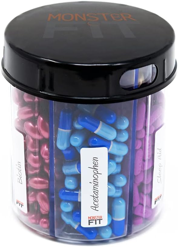 Monster Jr Supplement Pill Dispenser - omab väikeseid keskmise suurusega ravimeid sisaldavaid vitamiine ja ühest konteinerist on lihtne vabaneda Kompartment Sildid ( 1 pakend)