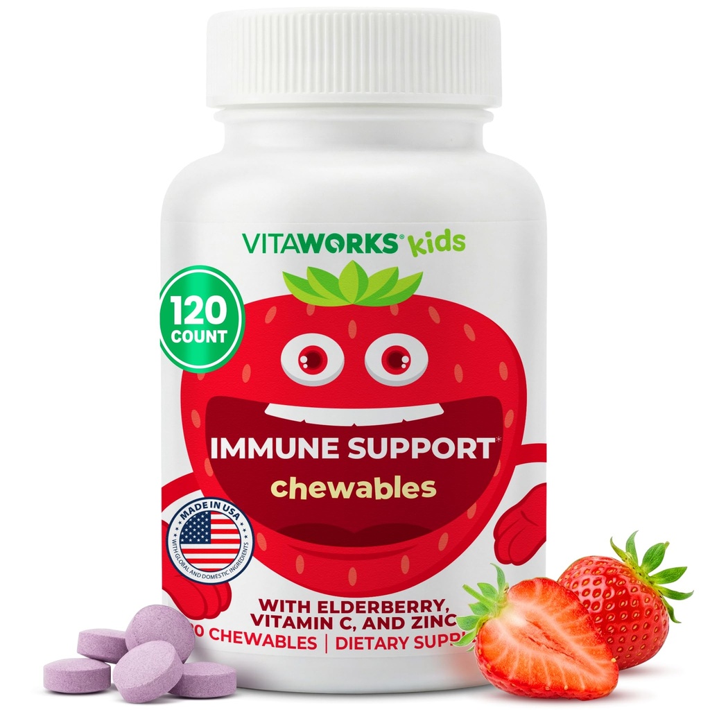 Lapsed Elderberry Tsink ja C-vitamiin - Immune Support närimistabletid - Maitsev looduslik segatud marjamaitse - Vegan, taimetoitlane, gluteenivaba, mitte-GMO, lastele, 120 närimistabletid
