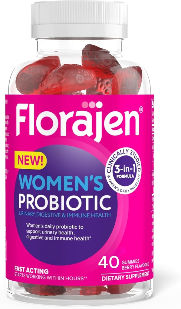 Florajen Naiste probiootilised kummikud - kolmekordne toime prebiootikum + probiootikum + Jõhvikas seedetrakti, kuseteede ja immuunsuse toetamiseks - kiire toimega - vegan ja gluteenivaba - 40-Count
