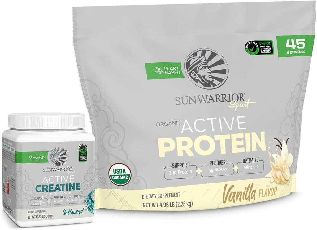 Sunwarrior Active Organic Protein Powder Plant-Based Vanilla Maitsestatud 45 Servings & Kreatiin Monohüdraat Pulber 60 Servings