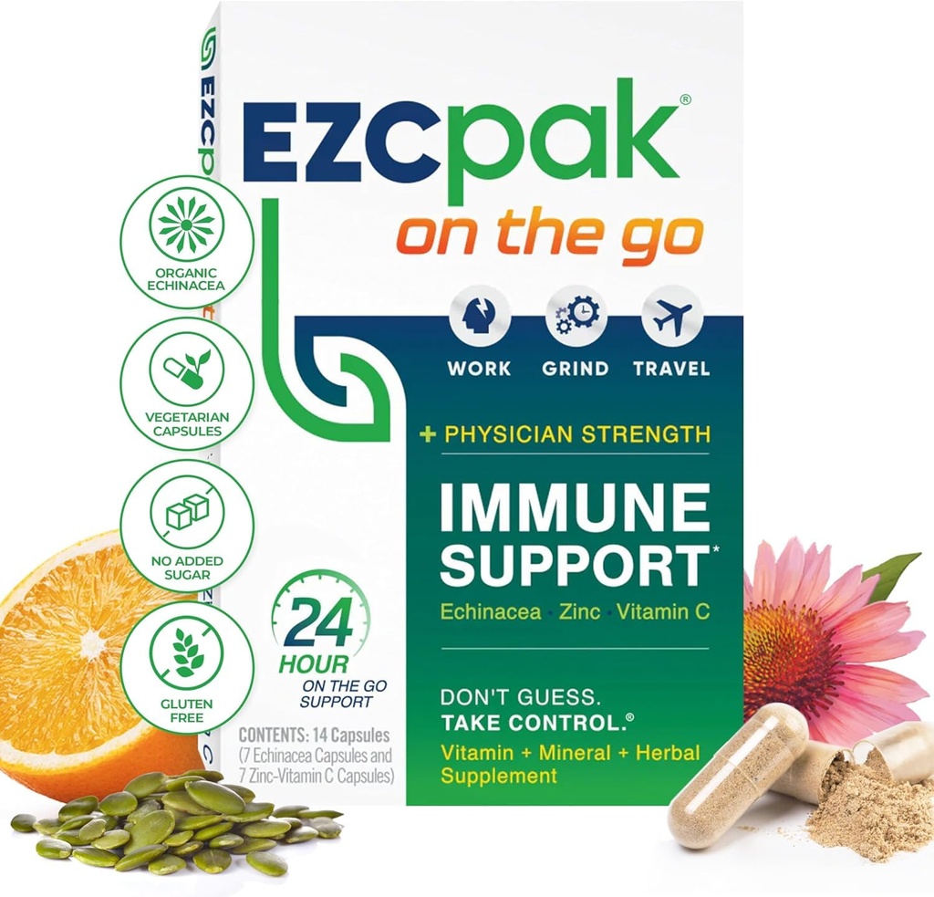 EZC Pak On The Go Immune System Booster koos Echinacea, C-vitamiini, tsingi, immuunsuse tugilisandi, täiskasvanute immuunsuse vitamiinide, reisi-sõbraliku pakendi, taimetoitlase, gluteenivaba