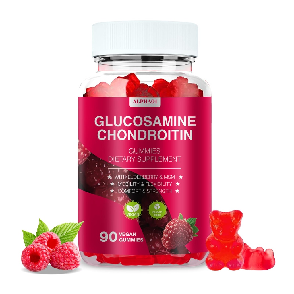 Glükoosamiin Chondroitin Gummies - 3000MG ekstra tugevusega ühine tugilisa koos MSM & Elderberry, paindlikkus, antioksüdant immuunsüsteemi tugikummi täiskasvanutele, meestele ja naistele - 90 Vaarikakummid