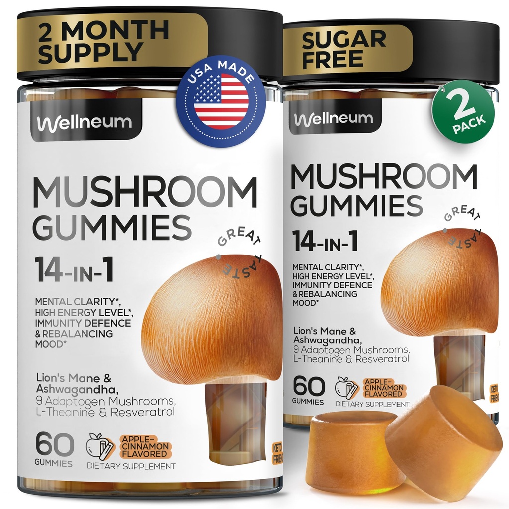 Seenekummid 5000 Mg 120 Pcs (2 Pack) - Lõvi Mane ja 9 Adaptogeensed Seened Segu - Ashwagandha, L-Theanine - Seenekummid energia, immuunsuse, fookuse, aju kasvu - suhkrut ja GMO-d pole