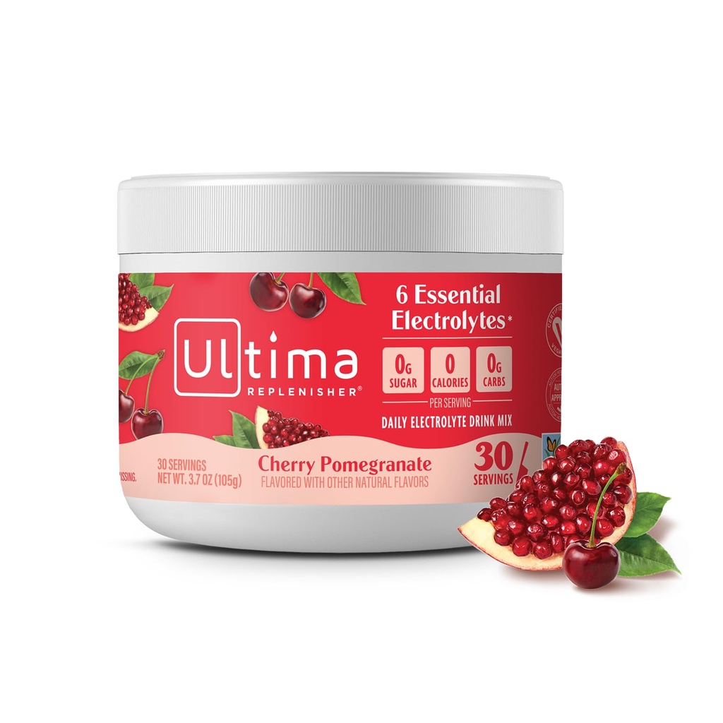 Ultima Replenisher Daily Electrolyte Powder Drink Mix – Sugar Free – Cherry Pomegranate, 30 Servings – Hüdratsioonipulber 6 elektrolüüdi ja jälgimine Mineraalid – Keto Friendly, Vegan, Non-GMO