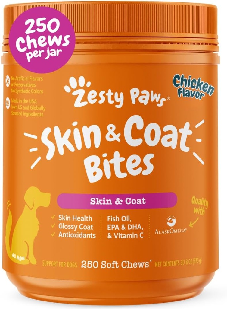 Zesty Paws Omega 3 kalaõli koertele - Zesty Paw koera vitamiinid ja toidulisandid puusa, liigese ja naha, kana (250 närimist)