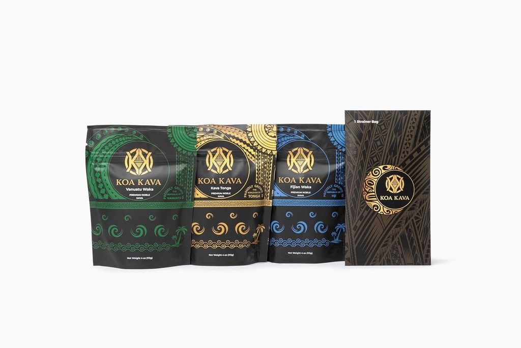 Koa Kava Premium Sample Kit: Medium Grind Tongan, Vanuatu Waka ja Fijian Waka Kava Pulber