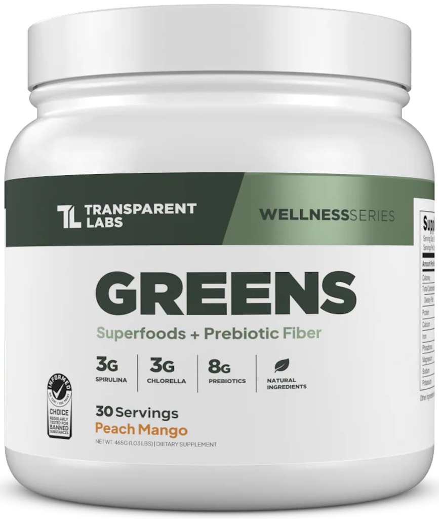 Läbipaistvad laborid Prebiootilised rohelised - supertoidu pulber ja antioksüdandid Orgaanilise Spirulina, Chloerra, Acacia & Green Banana pulbriga - 30 Servings, Peach Mango
