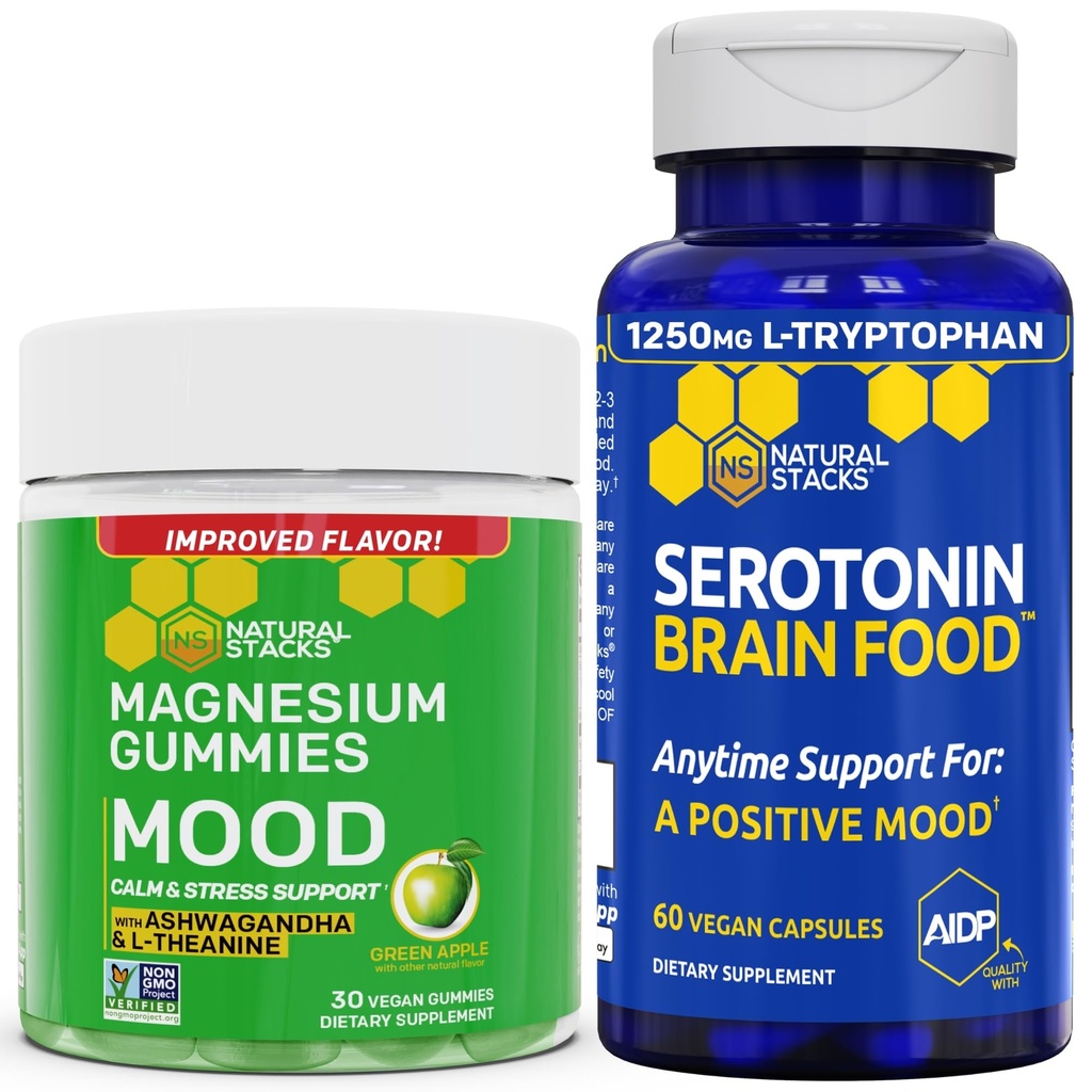 LOODUSLIKUD STAKENDID Mood Magneesiumtsitraatkummid + serotoniini aju toidukomplekt - positiivne meeleolu ja stressi tugi - 90 tükki