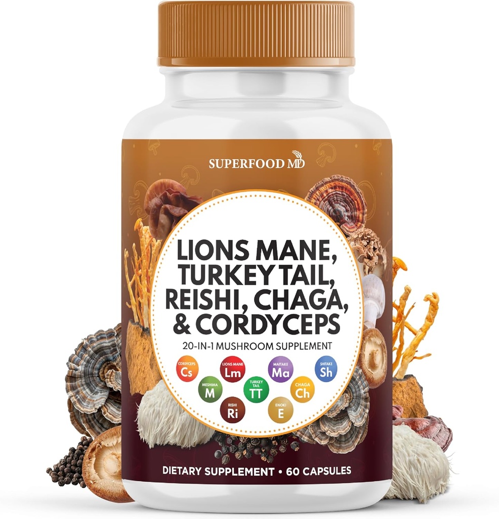 Lions Mane Seenelisa Türgi saba Reishi Cordyceps Chaga koos vahukommi juurega - 60 krahv