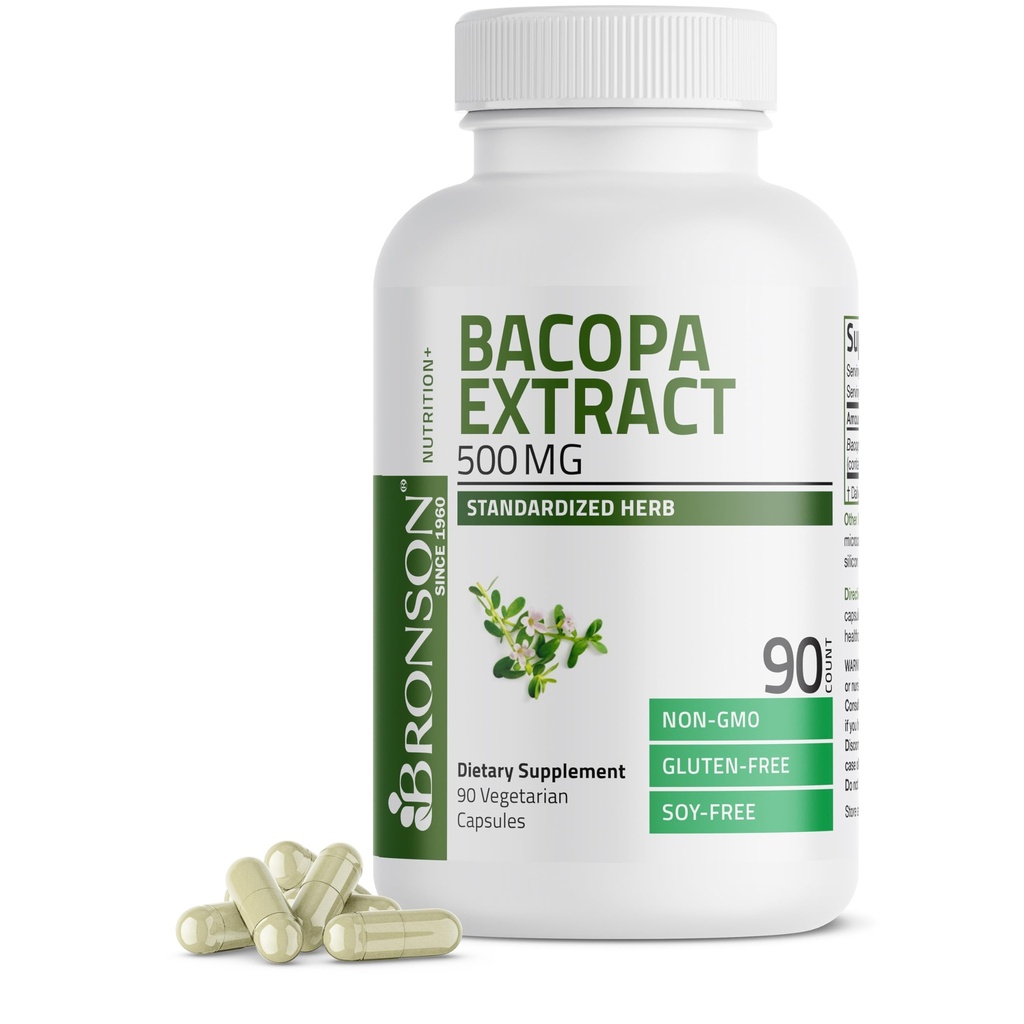Bronson Bacopa Monnieri ekstrakt 500 mg - soodustab vaimset selgust ja aju funktsiooni - mitte GMO, 90 taimekapslit