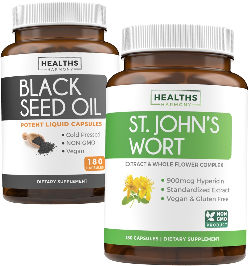 Black Seed Oil & St. John's Wort (3-kuuline pakkumine) Harmony Essence Bundle of Black Seed Oil (180 kapslit) Külmpressitud Nigella Sativa & naistepuna (180 kapslit) võimsa 900 mg hüperitsiiniga