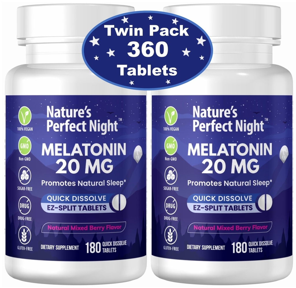 Looduse täiuslik öö | Melatoniin 20 mg | 180 Kiiresti lahustuvad tabletid, 2-pakk | Looduslik segatud marjamaitse | Suur potents | Suhkruvaba | Vegan | Gluteenivaba | 2 loend
