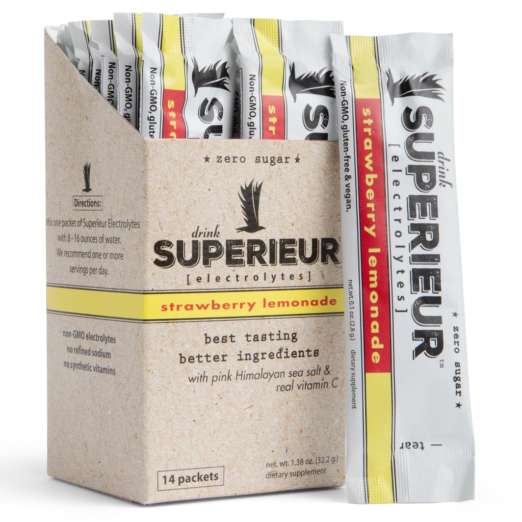 Superieur Electrolyte Powder Packets - Vegan Elektrolüütide Hüdratsioon Pulber w / Mere Mineraalid - Keto Sõbralik, Mitte-GMO, Zero Suhkru Elektrolüütide Täiendus Tervislik Sport Jook-Maasikasemonaat (14 Pakki)