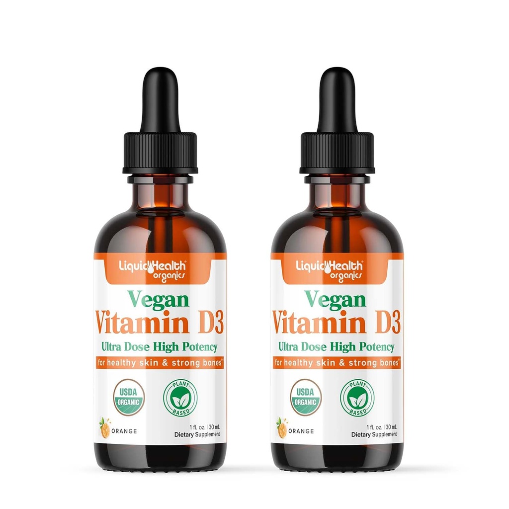 LIQUIDHEALTH Vitamiin D3 4000 RÜ, USDA orgaaniline D-vitamiini vedelikutilgad täiskasvanutele ja lastele, Vegan D-vitamiin immuunsüsteemi toetamiseks, luude tervis, meeleolu tugi, tervislik nahk - valmistatud USAs (2 Pack)