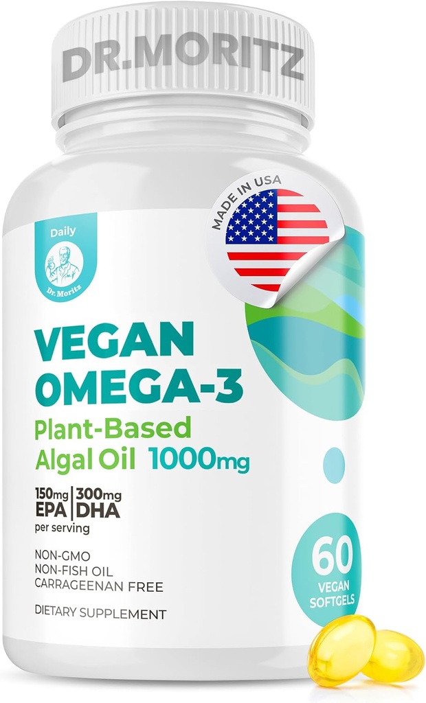 DR. MORITZ Vegan Omega-3 Softgels täiskasvanutele ja lastele, valmistatud vetikaõlist DHA EPA, väikeste vetikate Omega 3 toidulisandeid, Vegan, 60 Count