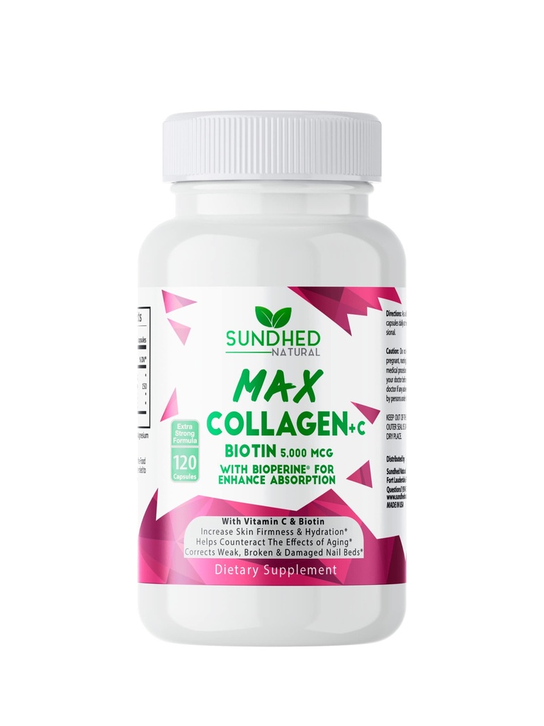 Sundhed Max Collagen Plus C - kõik looduslik kollageen koos biotiini ja bioperiiniga, et suurendada vananemisvastast hüdratsiooni ja naha tugevust - tugevdada luid ja küüneid (kapslid 2-kuus) (120 loend)