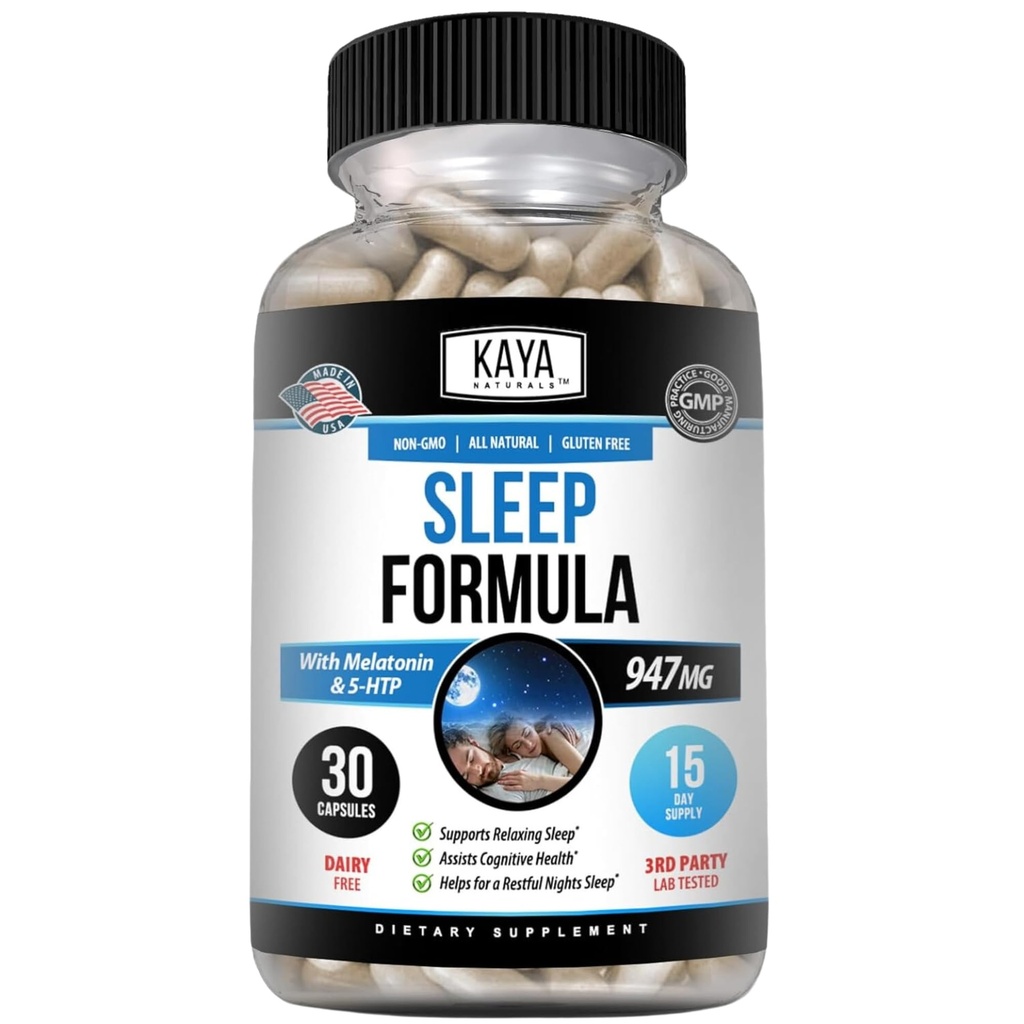 Kaya Naturals - Unetoetus valem melatoniiniga - Abi Vitamiinilisand - Sleep Stress ja meeleolutoetus - L-trüptofaan, Passion Flower, Ashwagandha ja rohkem (30 loend)