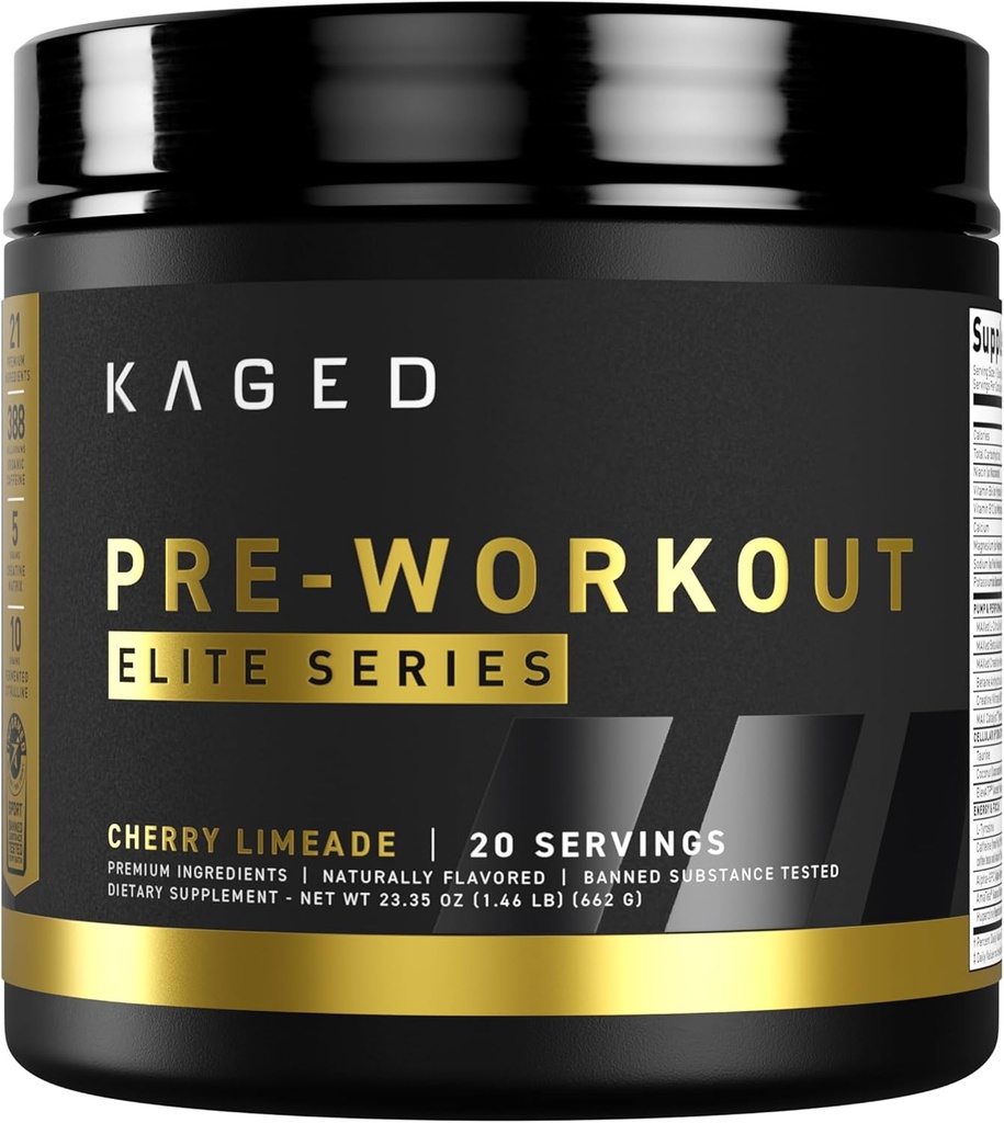 Kaged Pre Workout Elite Powder | Cherry Limeade | Pre-Workout koos kreatiini, beeta-alaniin, L-tsitrulliin, BCAAs | 388 mg orgaaniline kofeiin | Pre Supplements meestele ja naistele | 20 Servings