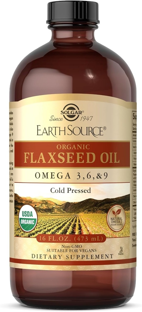 Solgar Earth Source Orgaaniline linaseemneõli - 16 fl oz - külmpressitud - Omega 3, 6 & 9 - USDA Orgaaniline, mitte-GMO, Gluteenivaba - umbes 31 serveerimist