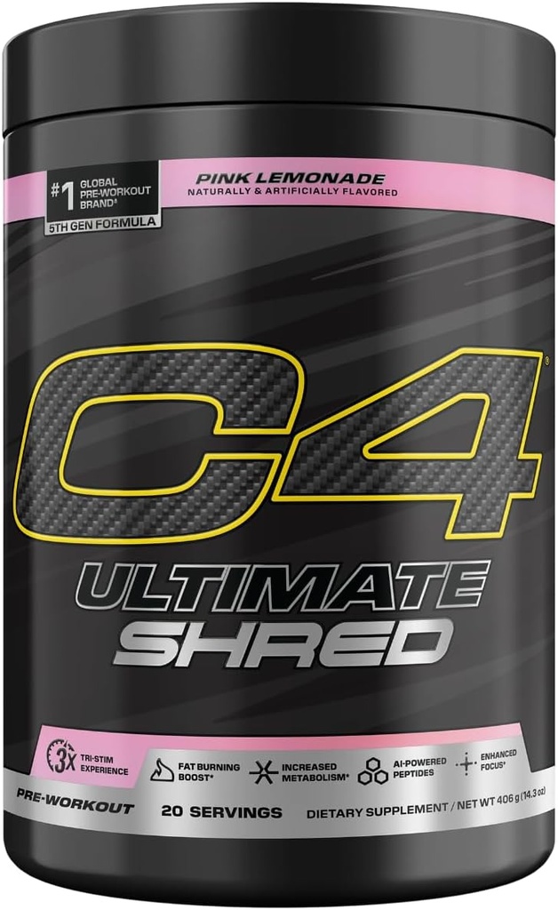 Cellucor C4 Ultimate Shred Pre Workout Pulber, Metabolism Supplement Cayenne ekstrakt + 300mg Kofeiin + TeaCrine + Dynamine - Roosa Lemonade, 20 Servings