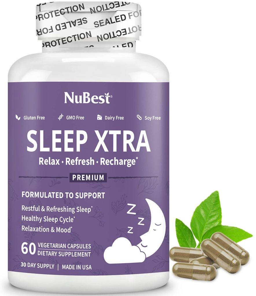 NuBest Sleep Xtra toetab tervislikku und täiskasvanutele  Vitamin Vitamiin B6, melatoniin, ashwagandha, kummel, Valerian & More - Non Habit-Forming | 60 Vegan kapslit |1 kuu pakkumine