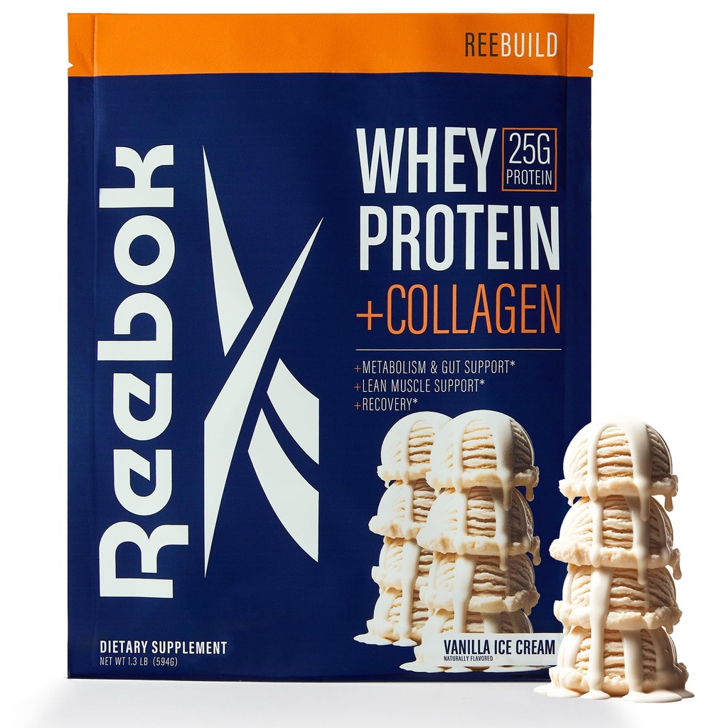 Reebok vadakuvalgu pulber + kollageenpeptiidid | 25 g valku 9 olulise aminohappega | lihaste taastamine, liigeste ja soolestiku tugi | informeeritud- spordi sertifitseeritud | ReeBuild Vanilla jäätise maitse, 1,3 lb
