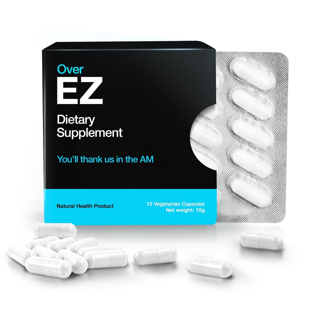 ÜLE EZ Pre-Drink Supplement - Party Recovery & Prevention pillid öö läbi ja parem hommikul (12 kapslit) ja piimaohakas, Aminohapped, vitamiin Bs