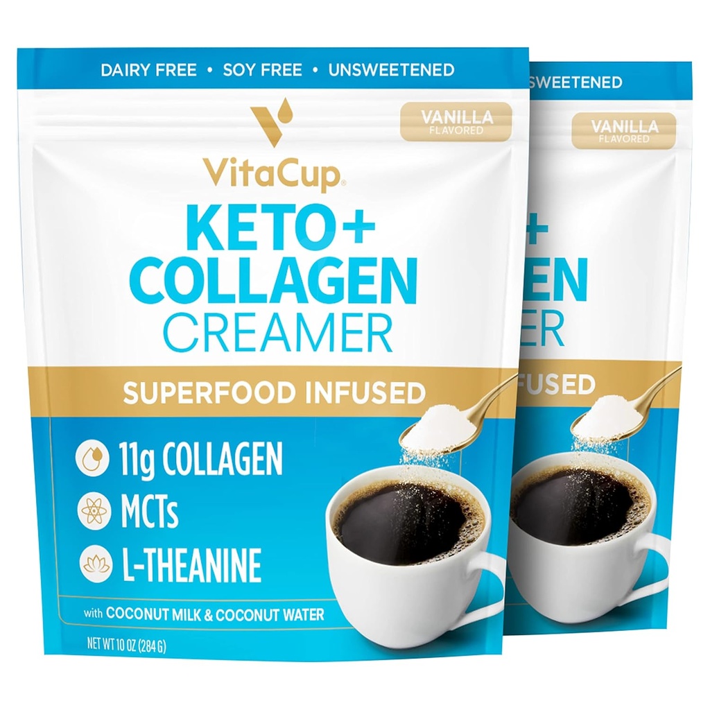 VitaCup Keto + kollageen Coffee Creamer Vanilla Flavor w/MCT, kollageeni valk, kookosvesi, L-Theanine Keto dieedile, kohv, smuutid, & Shakes, piimavaba, gluteenivaba, sojavaba, 2 kotti, 10oz iga