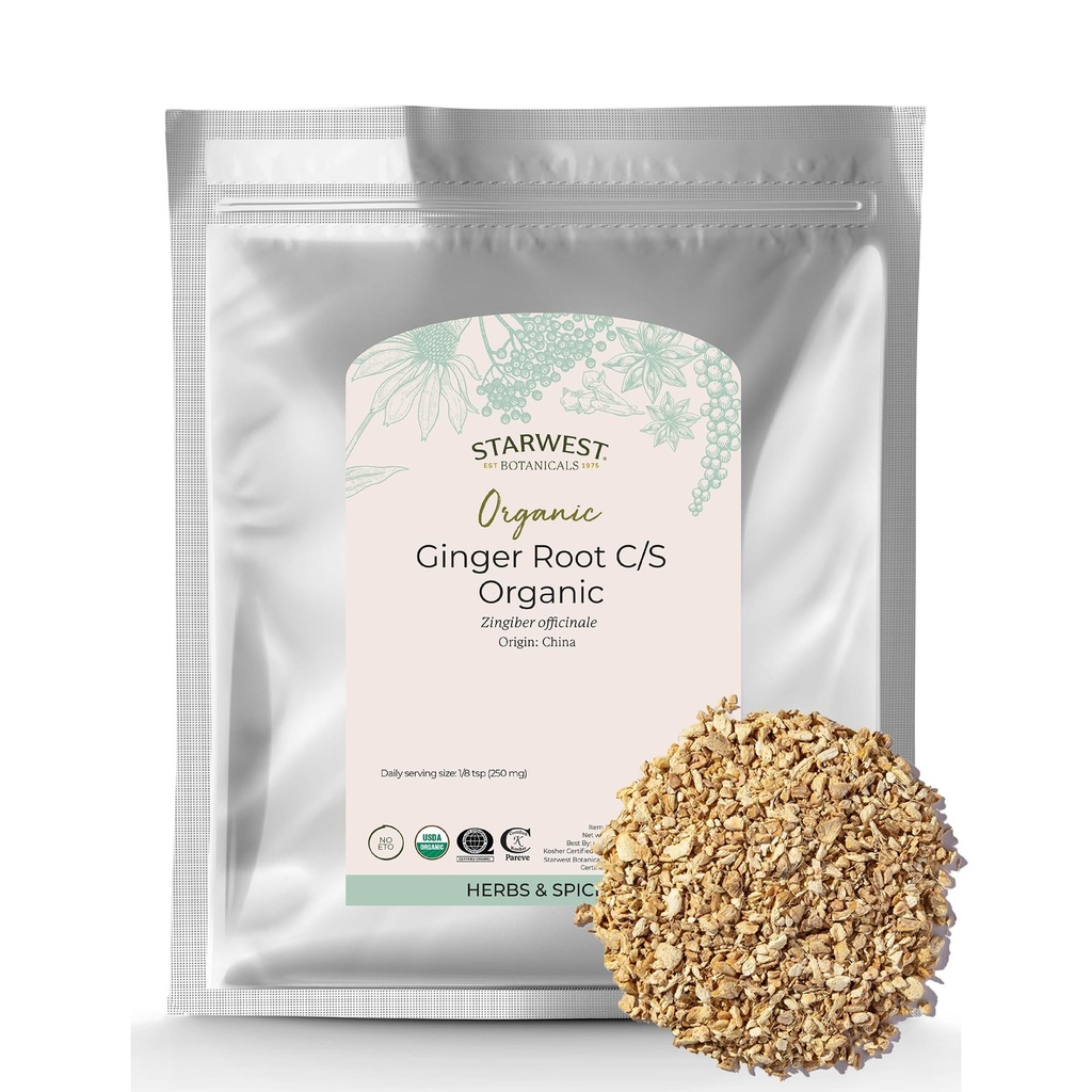 Starwest Botanicals Orgaaniline ingveri juur - kuivatatud ingveri maitsetaim tee, küpsetamise ja keetmise jaoks, lõigatud ja purustatud, looduslik taimse vürtsi, toetab seedimist, sertifitseeritud Kosher, mitte-GMO - puiste 1 lb kott