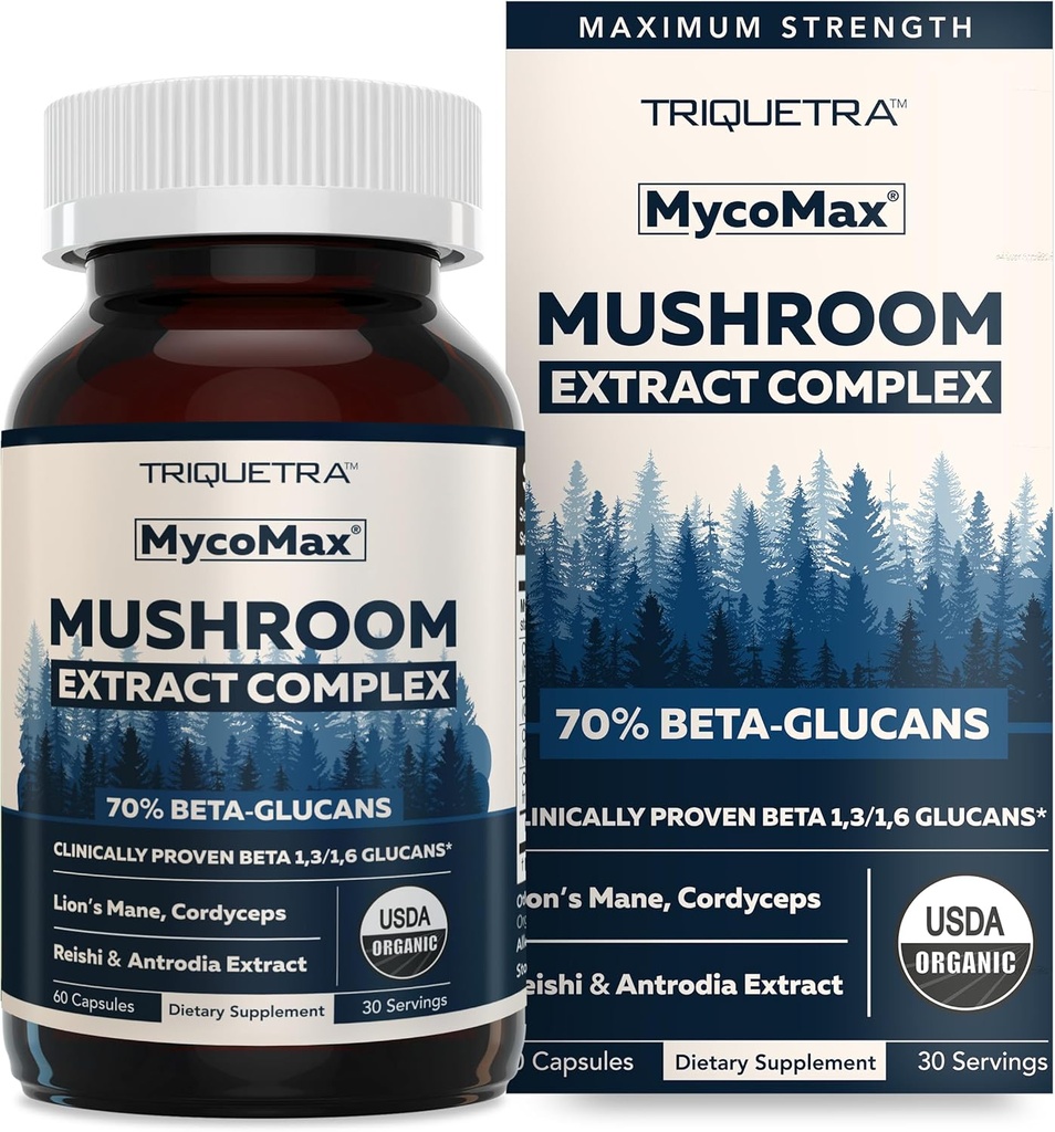MycoMax Mushroom Complex - 70% Beta Glucans, Max Potency Mushroom Supplement, US Grown + Ultrasonic Extraction - Lions Mane, Cordyceps, Reishi & More - Cognition, Immunity, Energy - 60 capsules