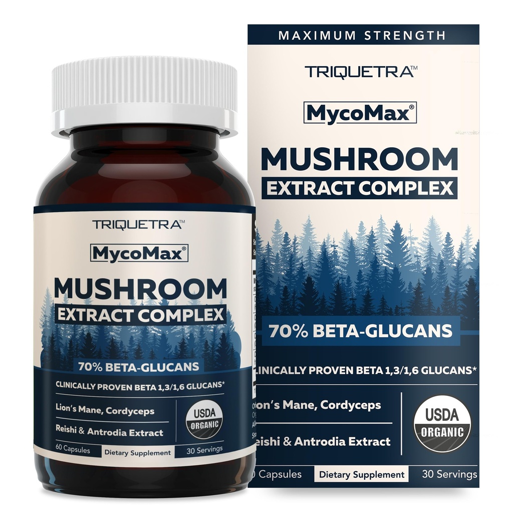 MycoMax Seenekompleks - 70% Beeta-glükaanid, Max Potency Seenelisand, US Grown + Ultraheli ekstraheerimine - Lions Mane, Cordyceps, Reishi & More - Tunnetus, immuunsus, energia - 60 kapslit