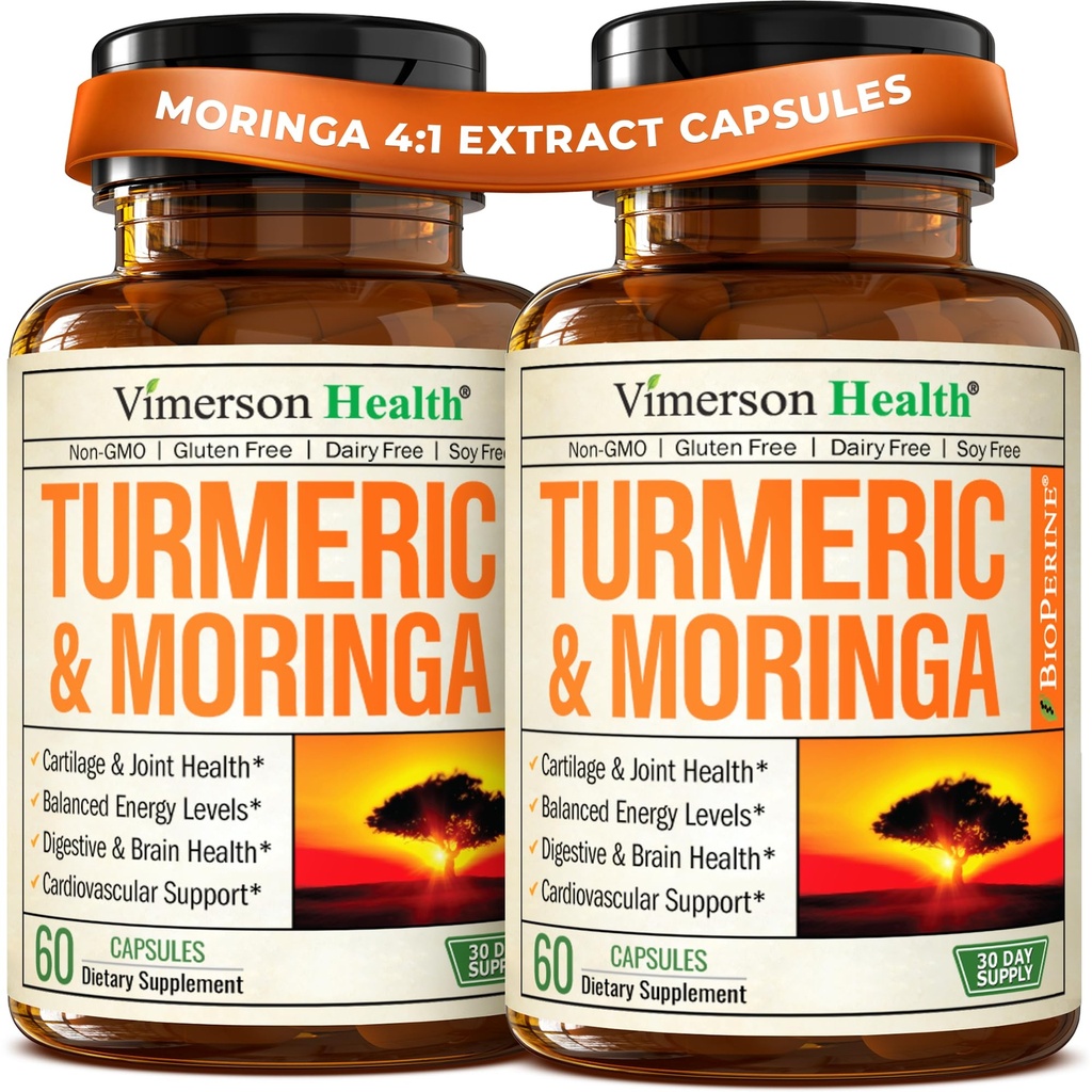 Moringa + kurkumiini lisand liigeste tervise, soolestiku tervise, energia ja immuunsuse toetamiseks - kogu heaolu valem - Tumeeriline kurkumiin musta pipar & Moringa puhta kapsliga - 60 loend - 2 pakendit