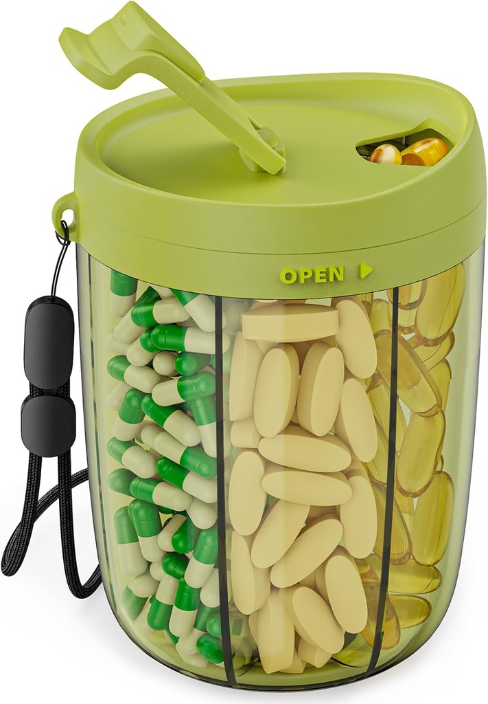 PULIV Suur Pill Pudeli Korraldaja, Täiendus Korraldaja Hoides 6 erinevat vitamiini, Pill Box Juhul Anti-Mixing & Wide Avamine Design, Lihtne Retrieve Meds ja 20 Tcs Kleepuvad Sildid, Roheline