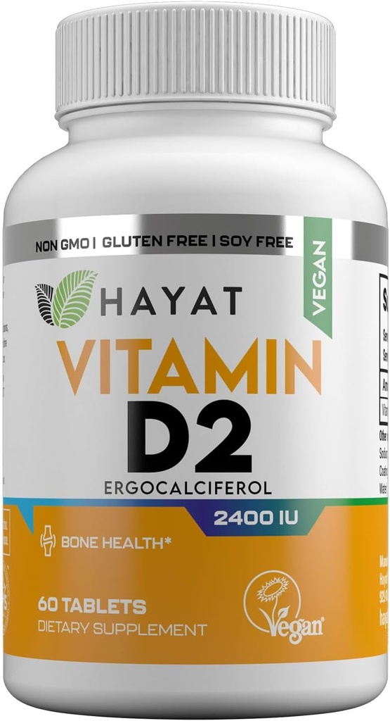 HAYAT vitamiinid Vegan Vitamiin D2 2400 RÜ (60 MCG), toidulisand luu, hammaste, lihaste ja immuunsüsteemi tervise toetamiseks, 2 kuu pakkumine, kõik looduslikud, sertifitseeritud halal, 60 tabletti, valmistatud USAs