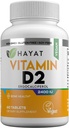 HAYAT vitamiinid Vegan Vitamiin D2 2400 RÜ (60 MCG), toidulisand luu, hammaste, lihaste ja immuunsüsteemi tervise toetamiseks, 2 kuu pakkumine, kõik looduslikud, sertifitseeritud halal, 60 tabletti, valmistatud USAs
