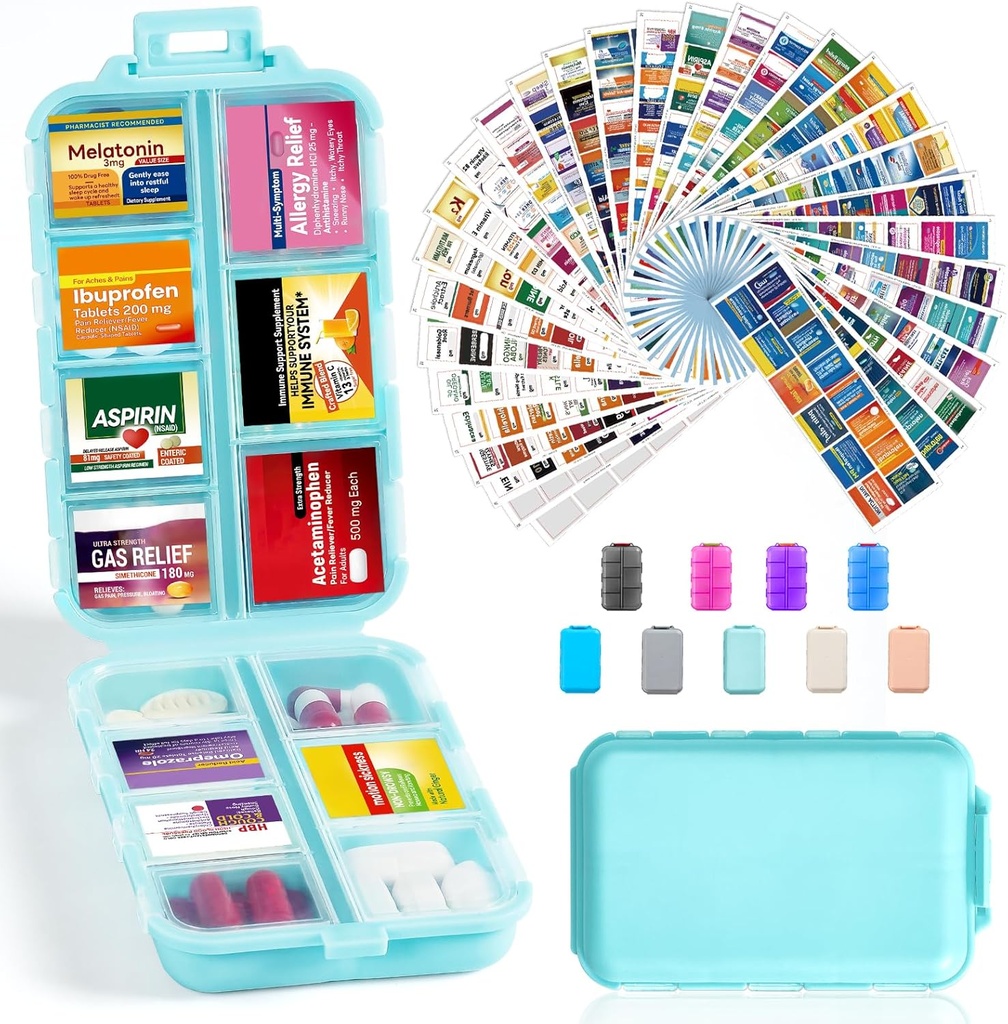 14 Grids Travel Pill Korraldaja Karp 415-Pcs Ravimi nimesildid - Tasku Daily Pharmacy Case Container Kit - Reisiravimite hoidja Fish Oil Vitamin Supplement Storage - Sky Blue