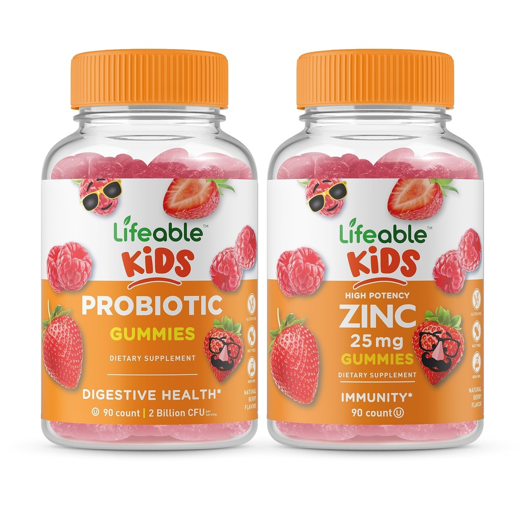 Elujõuline probiootiline 2 miljardit CFU lapsed + tsink 25 mg lapsed, Gummies Bundle - suurepärane maitse, vitamiinilisand, Gluteenivaba, GMO-vaba, närimiskumm
