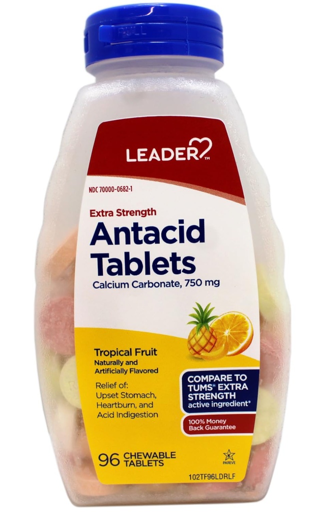 Leader Extra Strength Antacid Chewable Tablets, Fast Relief of Heartburn and Acid Indigestion Reflux, Tropical Fruit, 96 Count