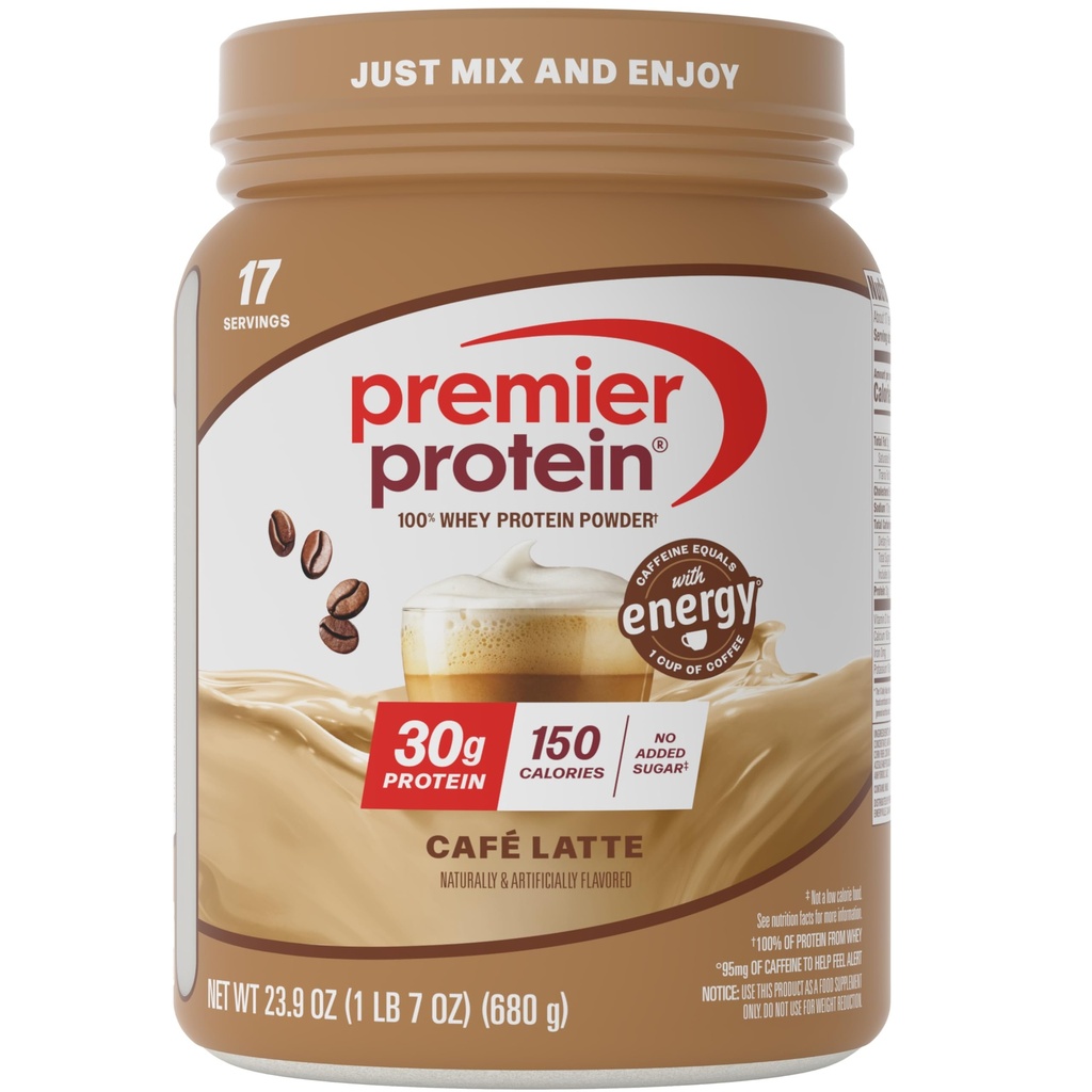 Premier Protein Powder, Café Latte, 30g Valk, 1g Suhkur, 100% vadakuvalk, Keto Sõbralik, Gluteenivaba, Sojavaba, 95mg Kofeiin Energiaks, 23,9 oz (17 Servings)