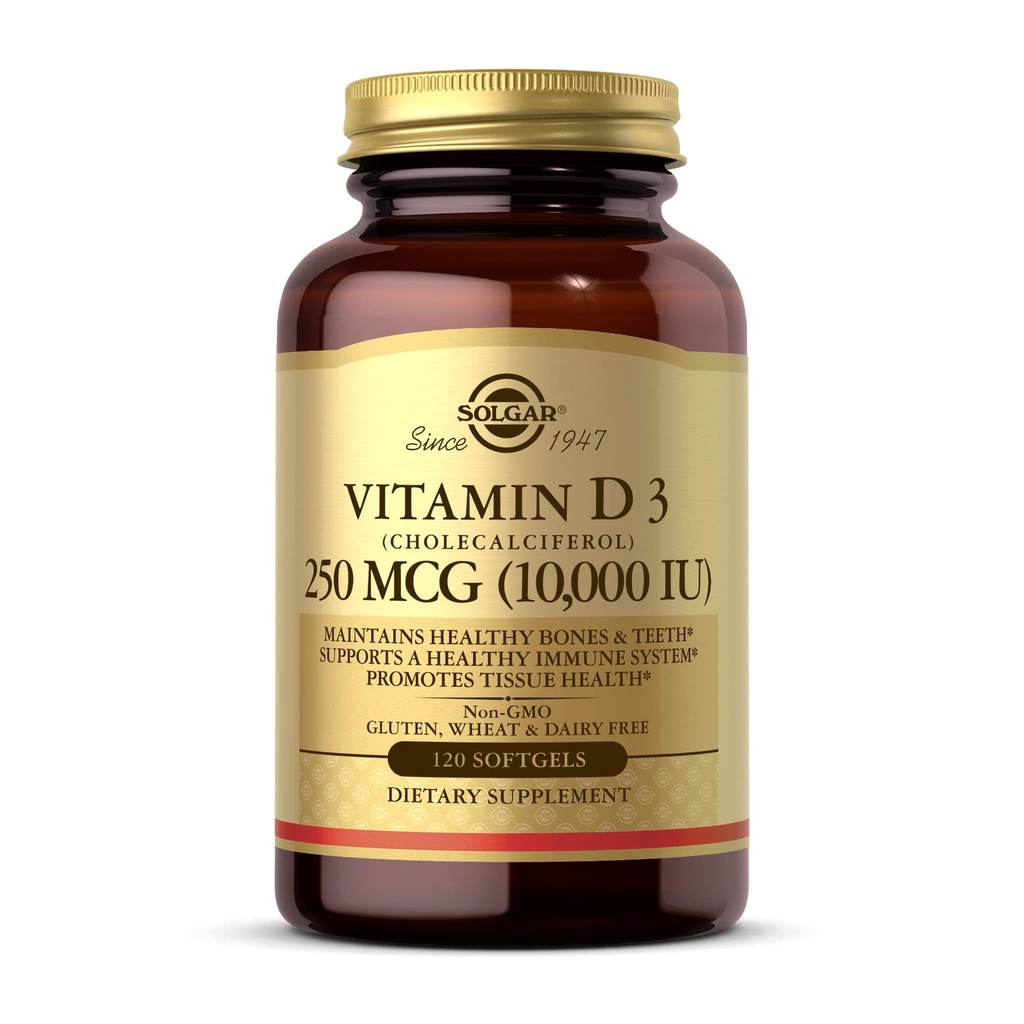 Solgar Vitamiin D3 (kolekaltsiferool) 250 MCG (10 000 IU), 120 Softgels - aitab säilitada tervislikke luid ja hambaid - Immuunsüsteemi tugi - Non GMO, Gluteenivaba, piimavaba - 120 Servings