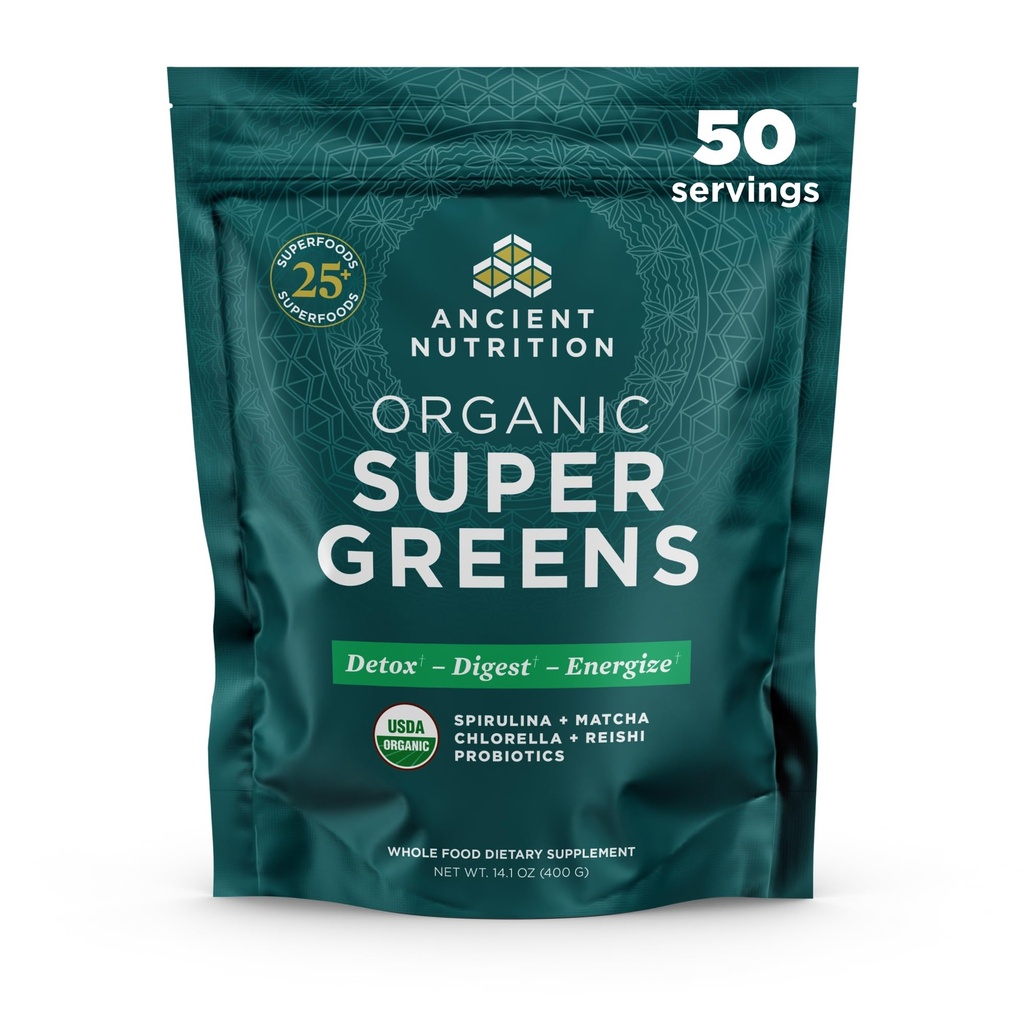 Ancient Nutrition Super Greens pulber, orgaaniline supertoidu pulber probiootikumidega, mis on valmistatud Spirulina, Chlorella, Matcha ja seedeensüümidega, 50 Servings, 14,1 oz
